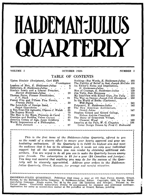 (image for) Haldeman-Julius Quarterly, Vol. 1, No. 1. - Click Image to Close